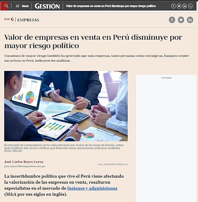 Valor de empresas en venta en Per disminuye por mayor riesgo poltico